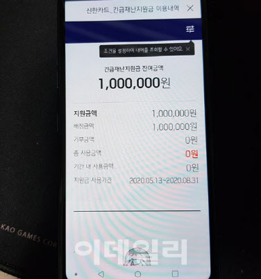 카드사 모바일 앱에서 확인한 재난지원금 입금 화면
