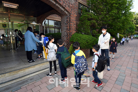 [이데일리 방인권 기자] 고등학교 2학년과 중학교 3학년, 초등학교 1∼2학년, 유치원생들이 등교를 시작한 27일 오전 서울 송파구 세륜초등학교에서 초등학생들이 등교를 하고 있다.