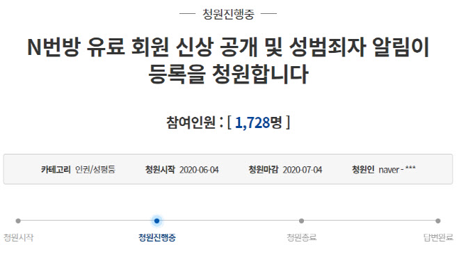 지난 4일 올라온 ‘텔레그램 n번방 유료 회원 신상공개 및 성범죄자 알림이 등록’ 요청 청원.(사진=청와대 국민청원 게시판 캡처)