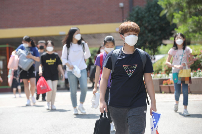 8일 오후 광주 서구 운천초등학교에서 6학년 학생들이 첫 등교를 마치고 집으로 돌아가고 있다.(사진=연합뉴스)