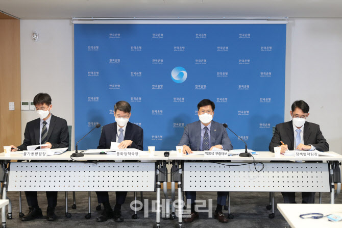 11일 서울 중구 한국은행에서 열린 통화신용정책보고서(2020년 6월) 설명회. (왼쪽부터)최창호 물가동향팀장, 이상형 통화정책국장, 박종석 부총재보, 장정수 정책협력팀장. 한국은행 제공