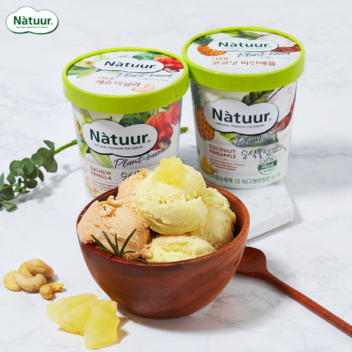 나뚜루가 지난달 선보인 비건 아이스크림 ‘나뚜루 캐슈 바닐라’와 ‘나뚜루 코코넛 파인애플’(사진=롯데제과)