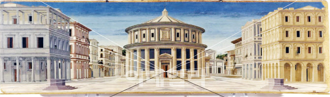 ‘이상적인 도시’(Ideal City). 이탈리아 초기 르네상스 화가이자 건축가인 루치아노 라우라나가 1470년경 그린 것으로 전한다. 광장바닥의 선이 건물 주 기둥선과 일치하는, 르네상스의 공간이라 할 ‘원근법’의 질서를 완벽하게 들였다. 작품명 그대로 ‘이상적인 세계’를 상징하며, 원근법이 그 상징을 현실구조로 만들어내고 있다. 나무패널에 템페라로 그렸다. 67.7×239.4㎝. 이탈리아 우르비노 마르케국립미술관 소장.