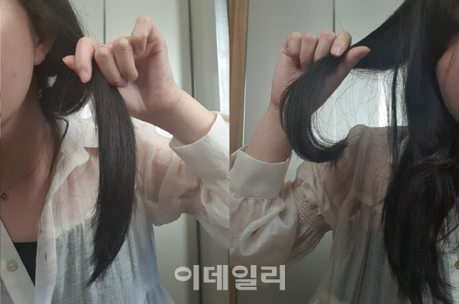 다이슨 코랄 스트레이트너로 머리를 폈을 때(좌), 웨이브를 넣었을 때(우)(사진=배진솔기자)