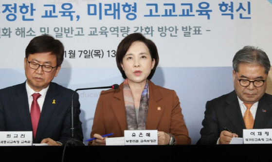 유은혜 사회부총리 겸 교육부 장관이 지난해 11월 7일 오후 정부서울청사에서 자율형사립고(자사고)·외국어고(외고)·국제고를 2025년 일제히 일반고로 전환한다는 내용을 골자로 하는 `고교서열화 해소 및 일반고 교육역량 강화 방안`을 발표하고 있다. (사진=연합뉴스)