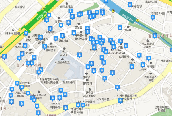 서울 홍대 인근 헤어숍 분포도. /네이버 지도