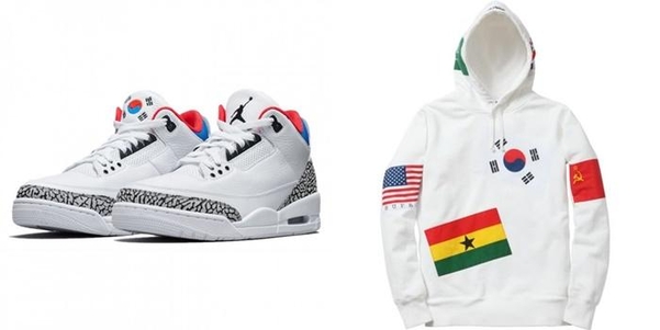 오프닝세레모니 코리아 바시티 재킷, 슈프림 플래그 오버 후드티셔츠, 나이키 에어조던3 서울.(윗줄부터 시계방향)/각 브랜드