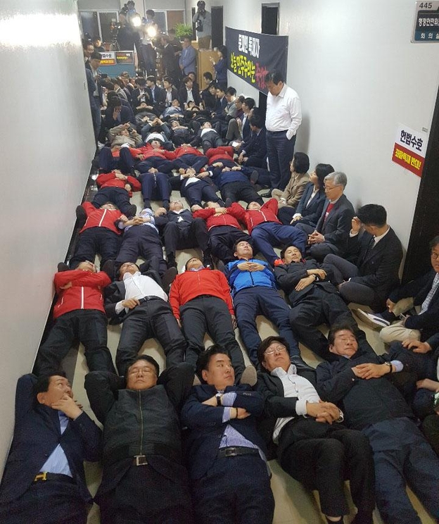 29일 오후 선거제도 개혁 패스트트랙 지정을 위한 정치개혁특별위원회 전체회의가 열릴 예정인 서울 영등포구 여의도 국회 행정안전위원회 회의실 앞에서 패스트트랙 저지를 위한 자유한국당 의원들이 복도에 누워 시위하고 있다./뉴시스