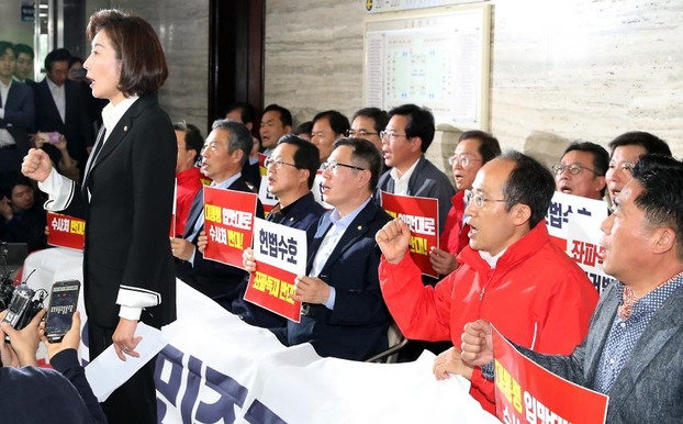 29일 오후 한국당 나경원 원내대표가 현안 관련 브리핑을 한뒤 의원들과 국회에서 구호를 외치고 있다. /뉴시스