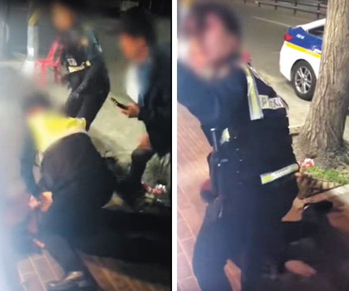 지난 13일 서울 구로구 구로동의 술집 앞에서 남성 경찰관이 허모(53)씨를 제압하고 있다(왼쪽 사진). 이후 허씨 일행인 장모(41)씨가 남성 경찰관에게 달려들었고, 여성 경찰관이 대신 허씨를 제압했다. 오른쪽 사진은 여경이 이 과정에서 옆에 있던 시민에게 “남자분 나오시라”며 도움을 요청하는 장면. /구로경찰서