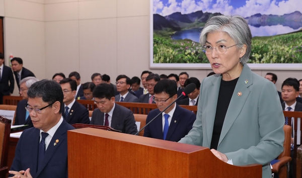 강경화 외교부 장관이 25일 오전 열린 국회 외교통일위원회 전체회의에서 현안보고를 하고 있다. /연합뉴스