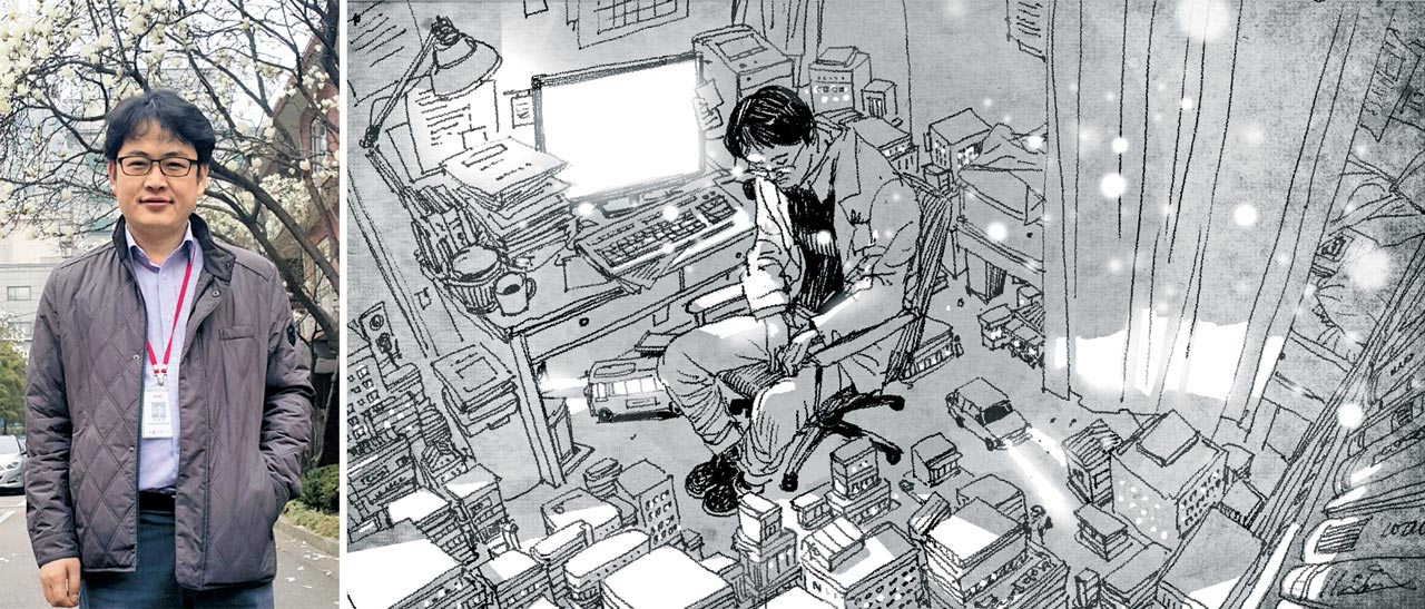 지난 설 명절 연휴 퇴근조차 하지 않고 일하다가 순직한 윤한덕 국립중앙의료원 중앙응급의료센터장. 그의 정신을 기리기 위해 올해 만해대상 '실천대상' 수상자로 중앙응급의료센터가 선정됐다. /LG공익재단, 일러스트=이철원