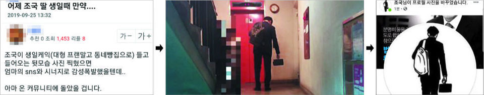 지난 25일 오후 1시 30분쯤 인터넷 커뮤니티 사이트에 '조국 장관이 딸 생일 때 케이크 들고 갔으면 감성 폭발했을 것'이라는 글(왼쪽)이 올라왔다. 약 8시간 뒤 조 장관이 케이크를 들고 귀가했다(가운데). 이튿날인 지난 26일 조 장관은 케이크를 든 자신의 모습을 페이스북 프로필로 올렸다가 이내 내렸다. /엠엘비파크·중앙일보·페이스북 캡처