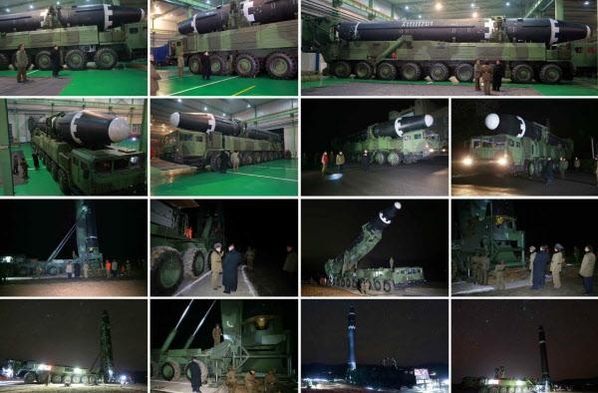 2017년 11월 29일 북한이 공개한 화성-15형과 발사 차량 사진. 화성-15형이 북한이 새로 개발한 '9축 자행발사대차'(바퀴 축이 9개인 새로운 이동식 발사차량)에 탑재된 뒤 수직으로 세워지고 있다. /연합뉴스