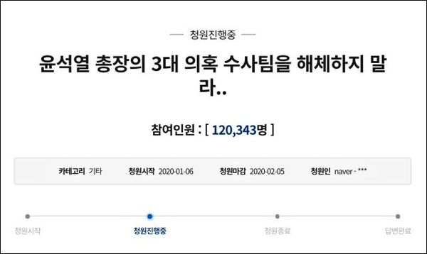 윤석열 검찰총장의 수사팀을 해체하지 말라는 국민청원. /청와대 홈페이지 캡처