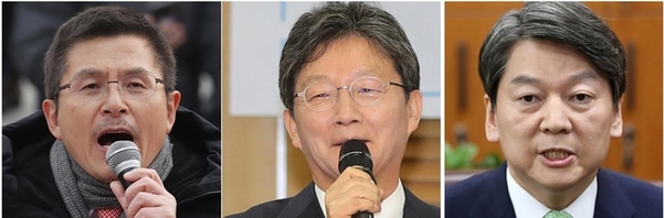 (왼쪽부터)자유한국당 황교안 대표, 새로운보수당 유승민 보수재건위원장, 바른미래당 안철수 전 의원./연합뉴스
