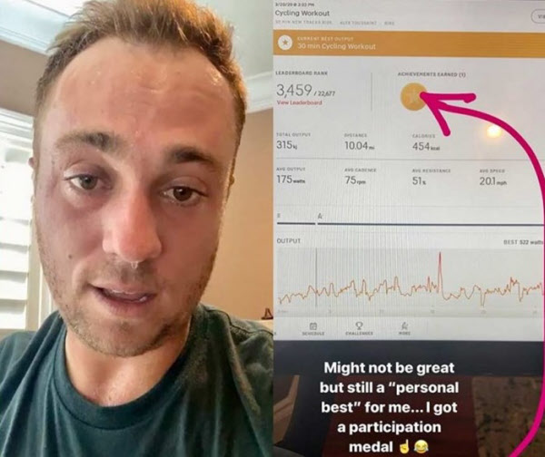PGA 투어 선수 저스틴 토머스가 펠로톤 운동 후 자신의 기록을 공개하고 있다. /저스틴 토머스 인스타그램
