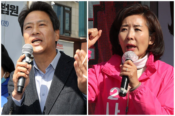 5일 서울 동작을에 출마한 이수진 후보 지원유세를 하는 임종석 전 청와대 비서실장(왼쪽). 오른쪽은 미래통합당 나경원 후보./연합뉴스