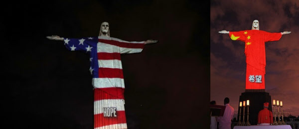 부활절이었던 12일(현지 시각) 브라질 리우데자네이루 '구원의 예수상'에 희망을 뜻하는 영어 단어 'hope'와 함께 성조기가 떠있다(왼쪽). 이날 예수상에는 코로나 극복을 기원하며 각국 국기 문양과 희망을 뜻하는 각 나라 언어 등이 투사됐다. /로이터 연합뉴스