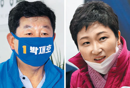 부산 남을 민주당 박재호 당선자와 통합당 이언주 후보/조선닷컴