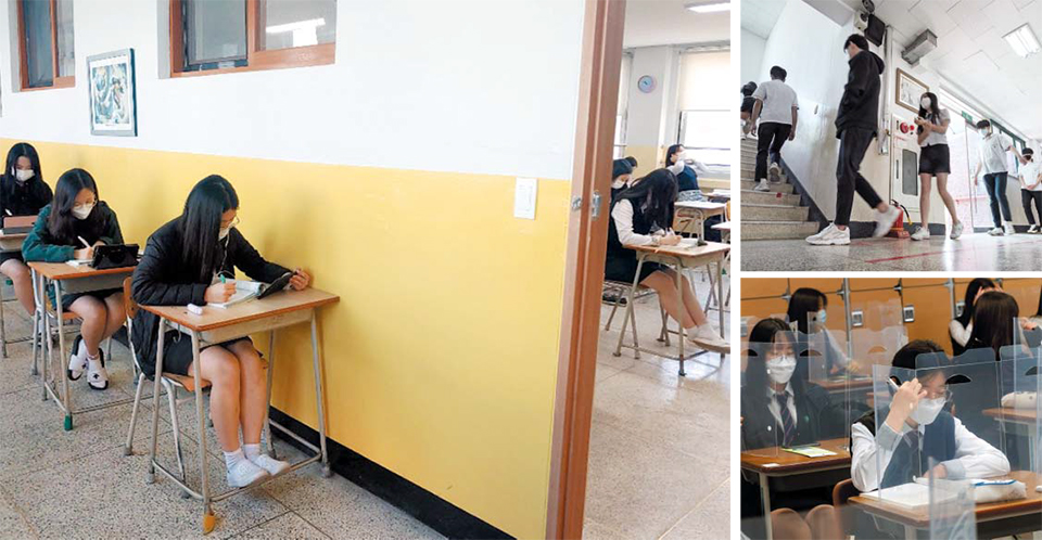 복도에서 수업… 급식땐 한줄로… 칸막이 수업 - 고교 3학년 등교 첫날인 20일 오전, 청주의 한 고교에서 교실에 있는 학생들은 교사 강의를 직접 듣고, 교실 밖 학생들은 같은 수업을 태블릿PC 등으로 실시간 중계로 듣고 있다(왼쪽부터 시계 방향). 이 학교는 코로나 바이러스 감염증 방역을 위해 학생 간격을 유지하기 위해 분반(分班) 수업을 했다. 이날 서울공고에서는 3학년 학생들이 급식 시간에 한 줄로 서서 이동하고 있다. 대전 전민고 3학년 학생들은 코로나 방역을 위해 책상 위에 투명 칸막이를 올려놓고 수업을 받았다. /연합뉴스·김지호 기자·신현종 기자