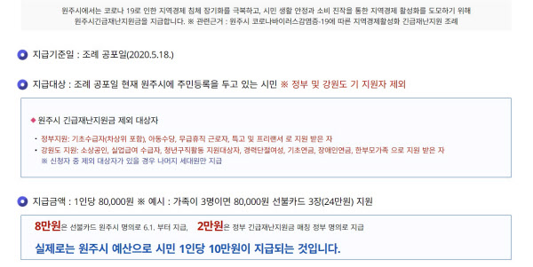 /원주시 홈페이지 원주시 홈페이지에 걸린 원주긴급재난지원금 안내문엔 지급 금액이 10만원에서 8만원이 된 점이 설명돼 있다.