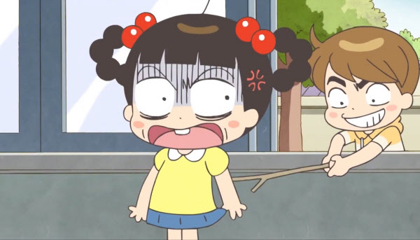 /유튜브 캡처 애니메이션‘안녕 자두야-좋으면 좋다고 말해’편에서 자두의 친구 윤석이가 용변 사진을 빌미로 자두를 괴롭히며 치마를 들추는 장면.