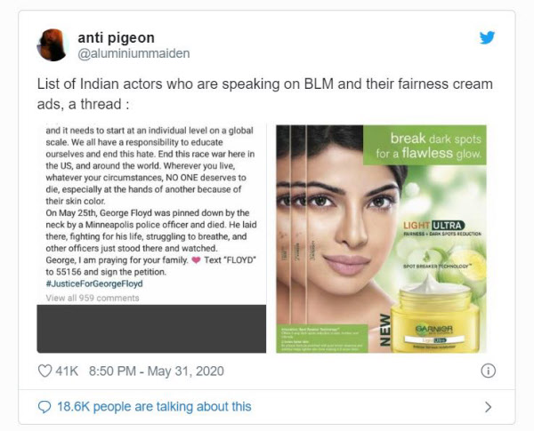 인종차별 반대 시위 지지를 표명한 인도 배우들을 과거 미백 화장품 광고에 출연했다는 이유로 비판하는 트위터 게시글. /트위터 캡처