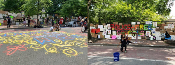 10일 백악관 앞 라파예트 광장에서 엄마와 아들이 '흑인 생명은 중요하다'란 글씨와 그림을 바닥에 그리고(왼쪽), 젊은이들은 춤을 추며 조지 플로이드를 추모했다. /워싱턴=조의준 특파원