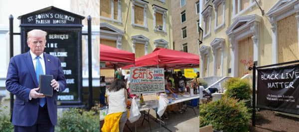 지난 1일 백악관 앞 세인트 존스 교회 앞에서 성경을 들고 있는 도널드 트럼프 대통령(왼쪽) 트럼프 대통령이 사진찍은 자리에서 시위대에 무료 핫도그를 나눠주는 흑인 단체(가운데). 세인트 존스 교회는 트럼프에 대한 비판의 뜻으로 '흑인 생명은 중요하다'는 구호를 내걸었다(오른쪽). /로이터 연합뉴스 워싱턴=조의준 특파원