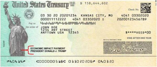 미 재무부가 국민들에 지급한 경기 부양 수표 견본 /미 재무부