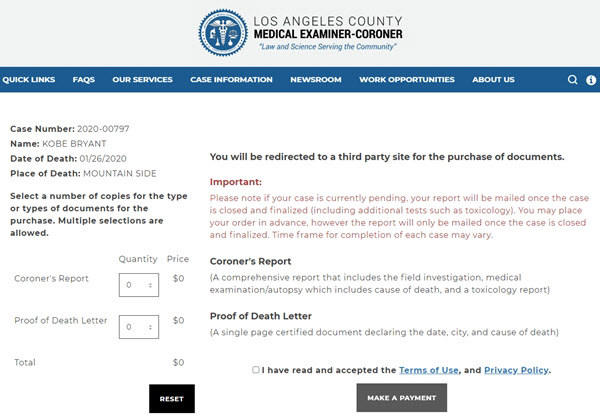 LA 카운티 검시 사무소 홈페이지 중 코비 브라이언트의 부검 보고서가 담긴 페이지./ LA 카운티 검시 사무소 홈페이지