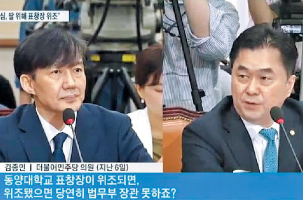 지난해 조국 전 법무장관 인사청문회 당시 민주당 김종민 의원/TV조선 캡처