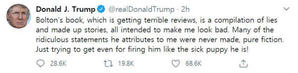 트럼프 대통령이 존 볼턴 전 국가안보보좌관을 비난하는 내용의 트윗. /트위터 캡처
