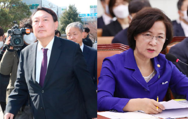 윤석열 검찰총장(왼쪽)과 추미애 법무부 장관/연합뉴스·뉴시스