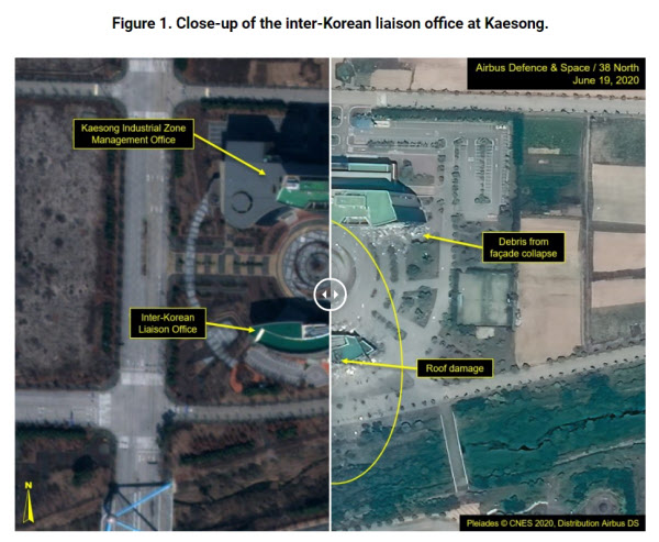 북한 개성 남북연락사무소가 폭파되기 이전과 이후의 사진을 비교한 것. 왼쪽이 북한의 폭파 전, 오른쪽은 폭파 후 찍힌 사진이다./38노스 홈페이지