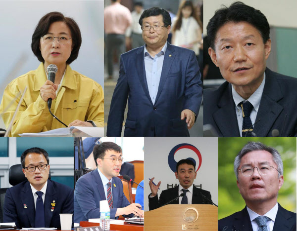 진중권 전 동양대 교수가 페이스북에 비판한 여권 인사들. 왼쪽 위부터 시계 방향으로 추미애 법무부 장관, 설훈 더불어민주당 의원, 우희종 전 더불어시민당 대표, 최강욱 열린민주당 대표, 민주당 김용민, 김남국, 박주민 의원/조선일보 DB, 뉴시스