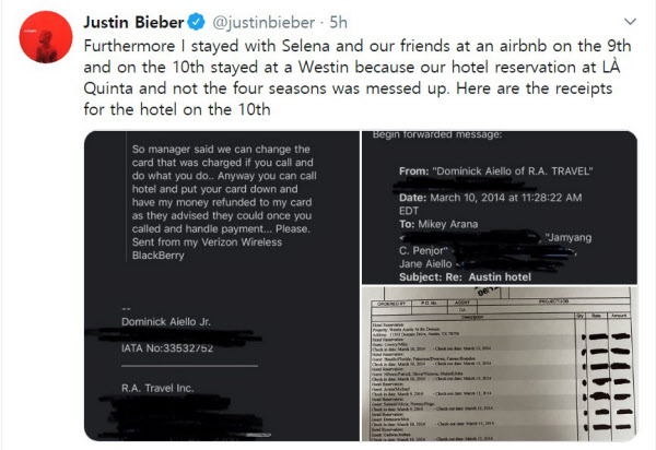 팝스타 저스틴 비버가 자신을 둘러싼 미투 논란에 대해 증거로 제시한 에어비앤비 영수증과 이메일 글. /트위터 캡처