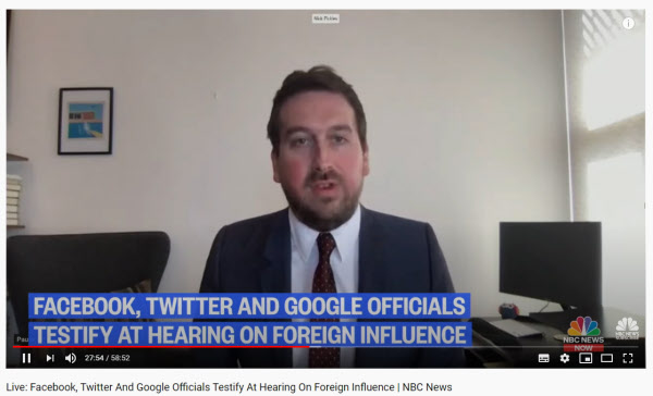 지난 19일 열린 미 하원 정보위 온라인 청문회에서 증언하고 있는 닉 피클 트위터 글로벌공공정책 담당 책임자. 닉 피클은 이날 증언에서 "대선에 대한 외부 개입 우려는 실재하고 있고 계속 발전하고 있다"고 말했다. /조선닷컴