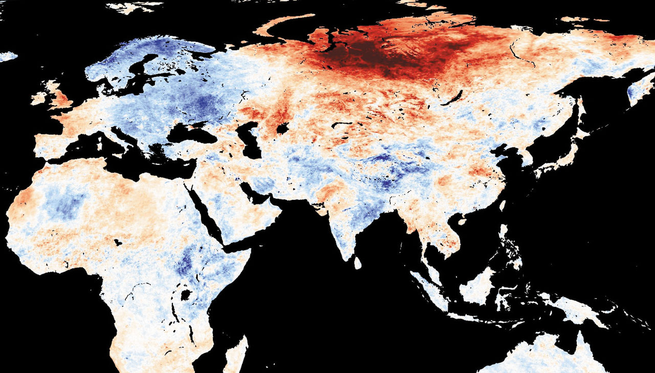 [기상관측 135년만에 가장 뜨거운 시베리아] 5월 기준 10년간 평균 기온과 올해 기온 비교 - 지난 5월 기준 지구 표면의 온도 현황을 표현한 지도. 2001~2010년 해당 지역의 같은 달의 평균 기온과 5월 현재 온도를 비교한 자료다. 빨간색이 짙어질수록 현재 기온이 평균 기온보다 상대적으로 높은 것이고, 파란색이 짙어질수록 기온이 상대적으로 낮은 것이다. 러시아의 시베리아 지역은 가장 짙은 붉은색으로 표시되어있는데, 이는 평년 기온보다 12도쯤 높다는 의미다. /미항공우주국(NASA) 지구 관측(NEO) 홈페이지 캡처