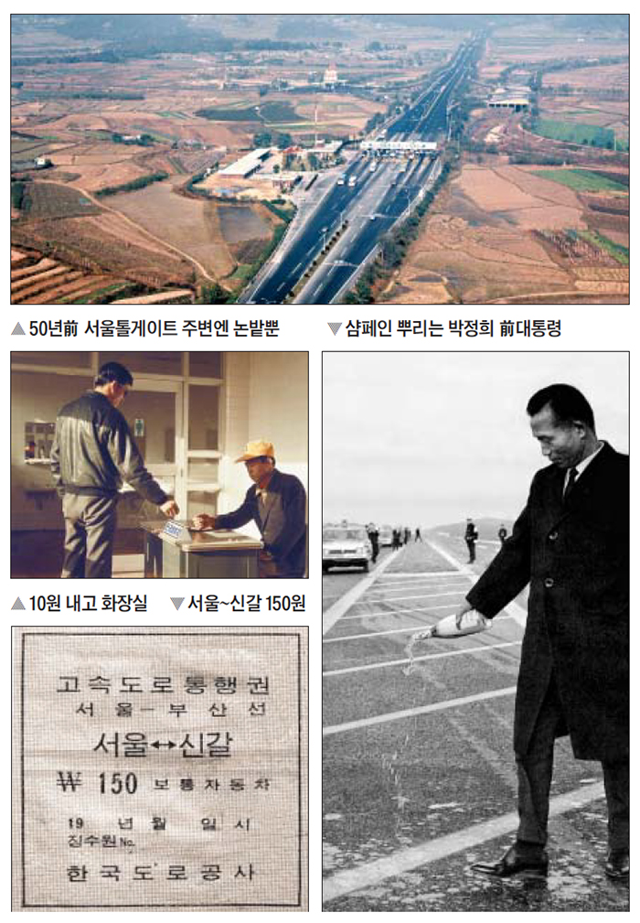 1970년 개통한 경부고속도로의 관문인 ‘서울 톨게이트’는 개통 초기만 해도 주변에 논밭밖에 없었다(위 사진·이후 시계방향). 박정희 전 대통령은 1968년 12월 21일 경부고속도로의 1단계 구간인 서울~수원 구간 개통식에서 도로에 샴페인을 뿌렸다. 고속도로가 처음 개통됐을 때는 종이 통행권을 썼고, 서울~신갈 요금은 150원이었다. 휴게소 화장실에 가기 위해선 10원의 입장료를 내야 했다. /한국도로공사·국가기록원
