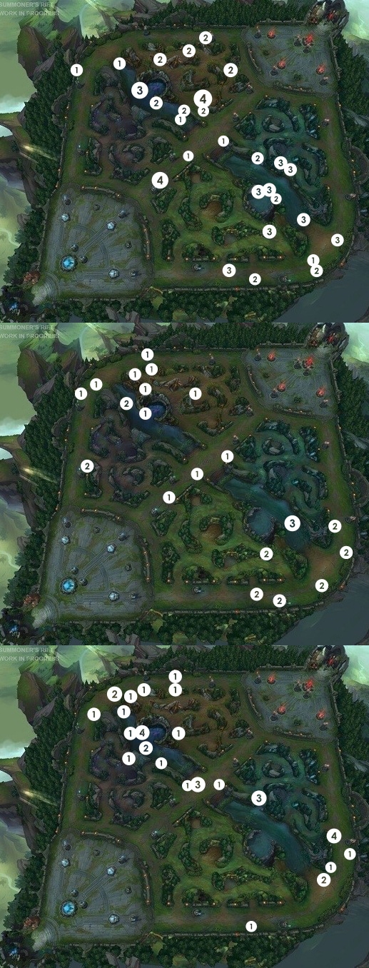 위쪽부터 차례대로 '비디디' 곽보성, '클리드' 김태민, '피넛' 한왕호의 2019 서머 시즌 히트맵. 15분 이내 킬+어시스트 횟수를 기록한 지역을 표기했다.