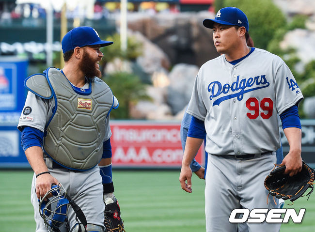 [사진=박준형 기자] 지난해 다저스에서 함께 뛸 때 류현진과 마틴. / soul1014@osen.co.kr