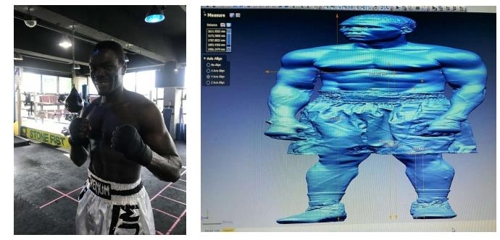 조각상 제작을 취해 포즈를 취하고 있는 길태산 선수와 3D 작업 사진[IOM한국대표부 제공]