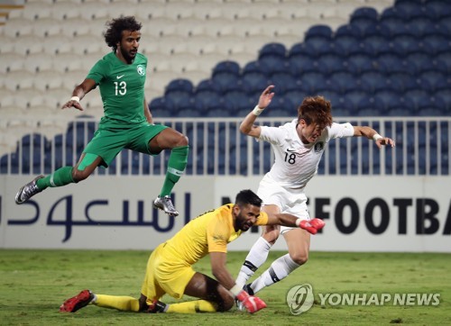 황의조 '내 허벅지'(아부다비=연합뉴스) 안정원 기자 = 31일 오후(현지시간) 아랍에미리트 아부다비 바니야스 스타디움에서 열린 대한민국과 사우디아라비아와의 평가전에서 황의조가 알리 골키퍼와 충돌하고 있다.  jeong@yna.co.kr