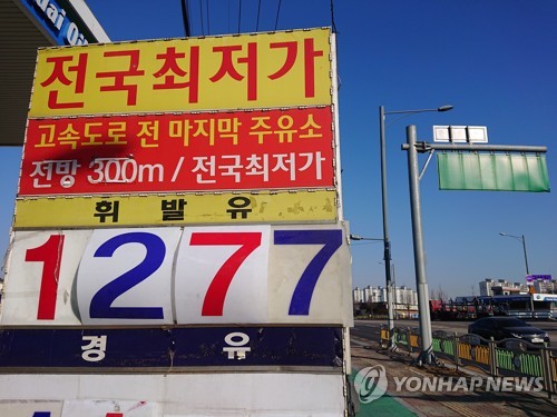 휘발유 가격 하락세 계속(양주=연합뉴스) 진성철 기자 = 휘발유·경유 가격이 국제유가 급락 등의 영향으로 새해 들어서도 하락세를 이어갔다. 특히 휘발유는 약 2년 8개월만에 최저치까지 떨어진 가운데 전국에서 가장 비싼 서울에서도 평균 1천500원을 밑돌았으며, 일부 지역에서는 1천100원대에 판매하는 주유소까지 등장했다.
   지난 6일 경기 양주시 삽사교차로 인근 한 주유소가 전국최저가를 주장하며 1천277원을 게시하고 있다.  zjin@yna.co.kr