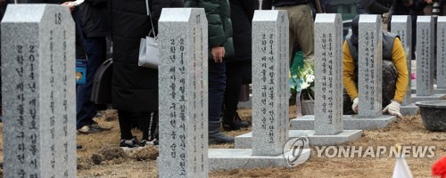 '세월호 순직' 단원고 교사 현충원 안장(대전=연합뉴스) 이재림 기자 = 16일 대전 유성구 국립대전현충원에서 현충원 관계자가 세월호 순직 교사 묘소 마무리 작업을 하고 있다. 세월호 사고 당시 학생들 탈출 등을 돕다 순직한 경기 안산 단원고 양승진·박육근·유니나·전수영·김초원·이해봉·이지혜·김응현·최혜정 교사 유해는 이날 현충원 순직공무원 묘역 고창석 교사 묘소 옆에 나란히 안장됐다. 2018.1.16 walden@yna.co.kr