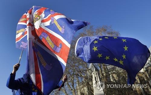 유럽연합기와 영국 국기 흔드는 시위자[AP=연합뉴스]