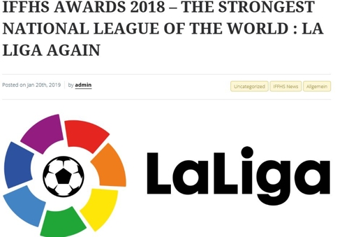 2018 IFFHS 프로리그 순위에서 1위에 오른 라리가[IFFHS 홈페이지 캡처]