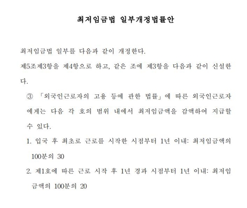 최저임금법 일부개정법률안    (대구=연합뉴스) 지난 8일 이완영 의원 등 국회의원 14명이 발의한 최저임금법 일부개정법률안이 논란이 되고 있다. 개정안은 외국인 근로자의 근무 초기 최저임금 감액을 허용하고 있다. 2019.2.22
    [국회 홈페이지 화면 캡처]